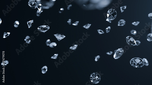 Lots of shiny diamonds falling on a grey surface -3D Render