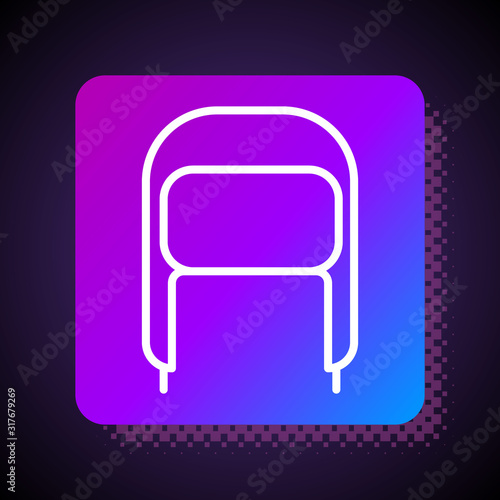 White line Winter hat with ear flaps icon isolated on black background. Square color button. Vector Illustration