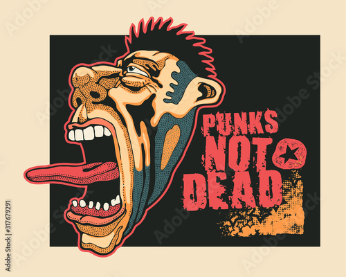 Photo Design Punk Not Dead for t-shirt print or poster with screaming punk head, grunge fonts and textures