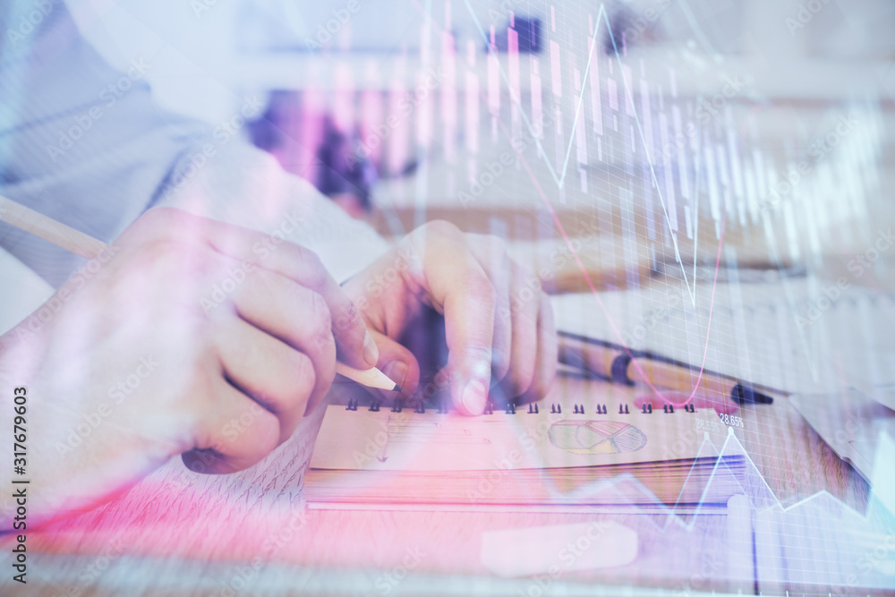 Multi exposure closeup hands with stock market forex graph. Multi exposure closeup hands with stock market forex graph.