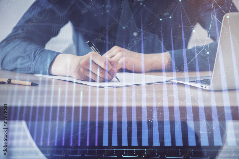 Double exposure hands with stock market chart. Double exposure hands with stock market chart.