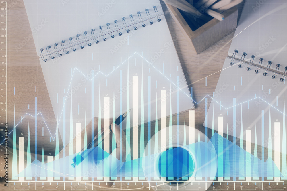 Multi exposure of woman's hands making notes with forex graph hologram. Concept of technical analysis. Multi exposure of woman's hands making notes with forex graph hologram. Concept of technical analysis.
