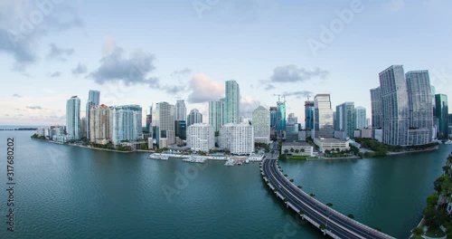 View from Brickell Key, a small island covered in apartment towers, towards the Miami skyline, Miami, Florida, USA - Time lapse photo