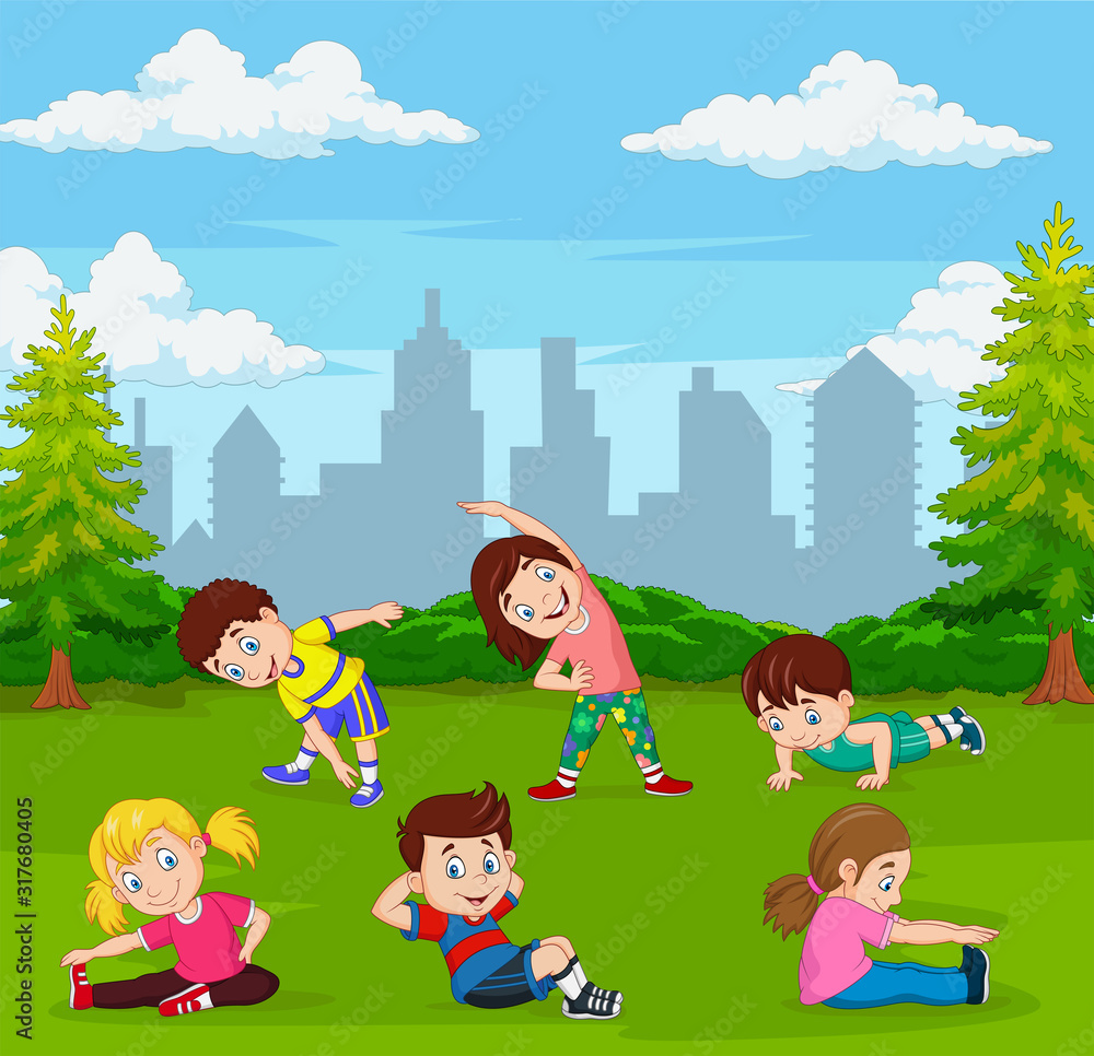 Cartoon kids doing yoga in green city park