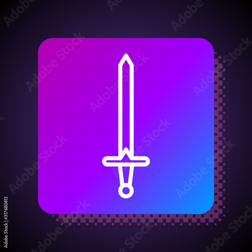 White line Medieval sword icon isolated on black background. Medieval weapon. Square color button. Vector Illustration