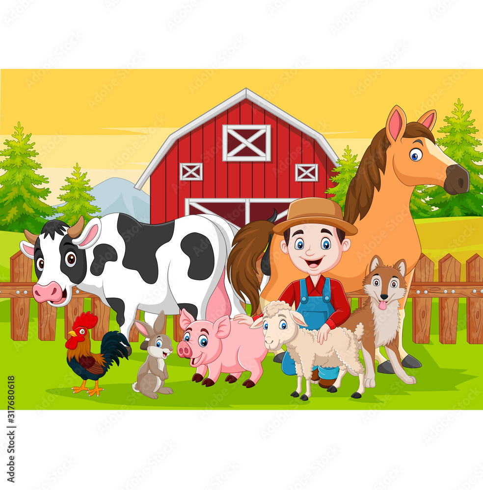 Cartoon farmer and farm animals in the barnyard Stock Vector Adobe Stock