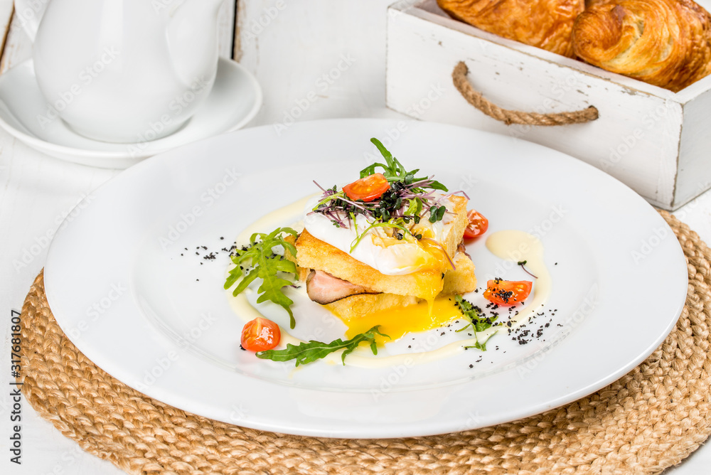 Viennese waffles with egg, tomato, radish on a white background Viennese waffles with egg, tomato, radish on a white background