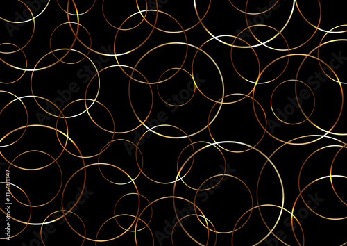 Abstract gold circles lines pattern overlapping on black background with light.