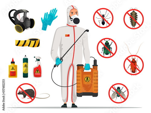Insectologist disinfector and equipment vector set