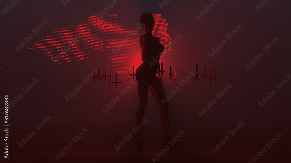 Black Seductive Devil Vampire Hair Up Wings Formed out of Small Red Spheres in Small Black Dress and Upside Down Floating Crosses Abstract Demon in a Foggy Void 3d illustration 3d render