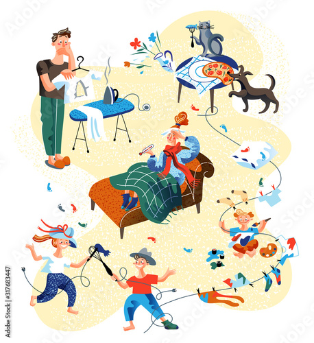 Sick wife and tired husband vector scenes set