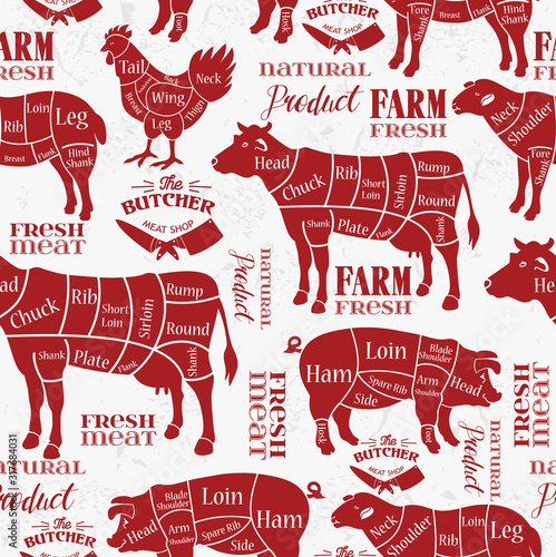 Meat cuts. Diagrams for butcher shop. Animal silhouette. Vector illustration. Seamless pattern.