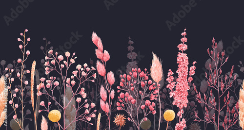 Beautiful seamless pattern with watercolor herbarium wild dried grass in pink and yellow colors. Stock illustration. photo