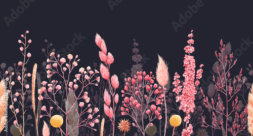 Slika na platnu Beautiful seamless pattern with watercolor herbarium wild dried grass in pink and yellow colors