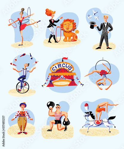 Circus flat set with artists and animals on white
