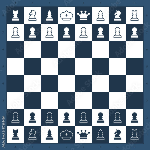 Vector chess game. Chess board top view. Blue background.