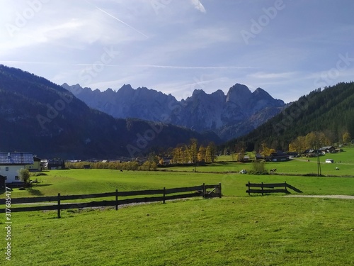 A view to the mountain Dachstein in Austria. Green meadow with brown wooden fence.