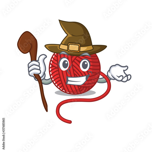 cartoon mascot style of red wool yarn dressed as a witch