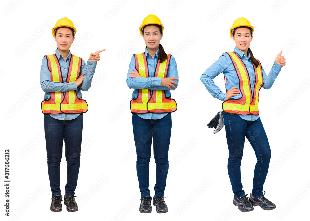 Collection set of female worker with Protection Equipment pointing on copy space, isolated Collection set of female worker with Protection Equipment pointing on copy space, isolated
