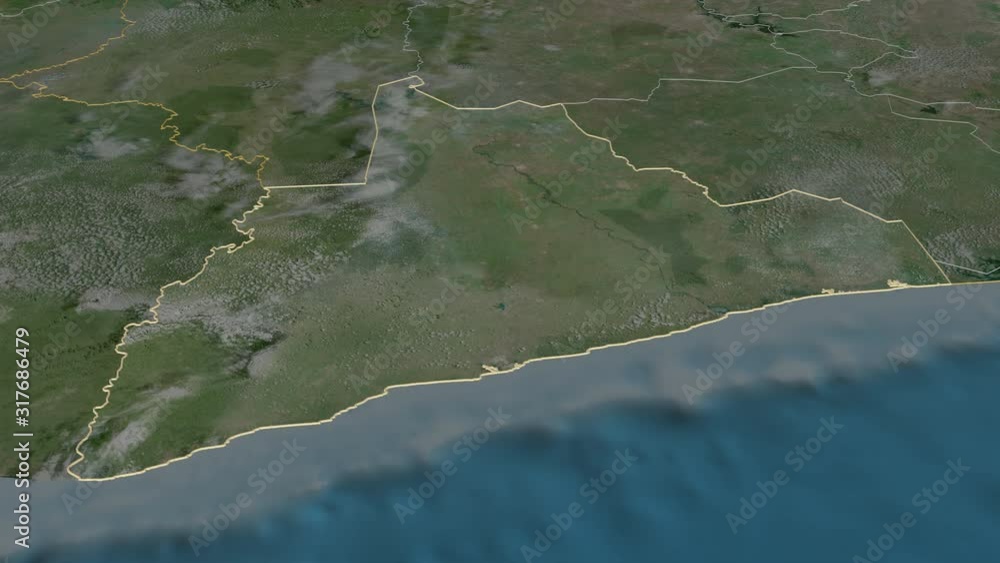 Bas-Sassandra, district with its capital, zoomed and extruded on the satellite map of Côte d'Ivoire in the conformal Stereographic projection. Animation 3D Bas-Sassandra, district with its capital, zoomed and extruded on the satellite map of Côte d'Ivoire in the conformal Stereographic projection. Animation 3D