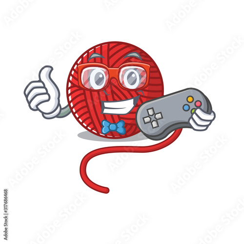 Smiley gamer red wool yarn cartoon mascot style