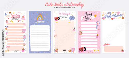 Collection of weekly or daily planner, note paper, to do list, stickers templates decorated by cute love illustrations and inspirational quote. School scheduler and organizer. Flat vector
