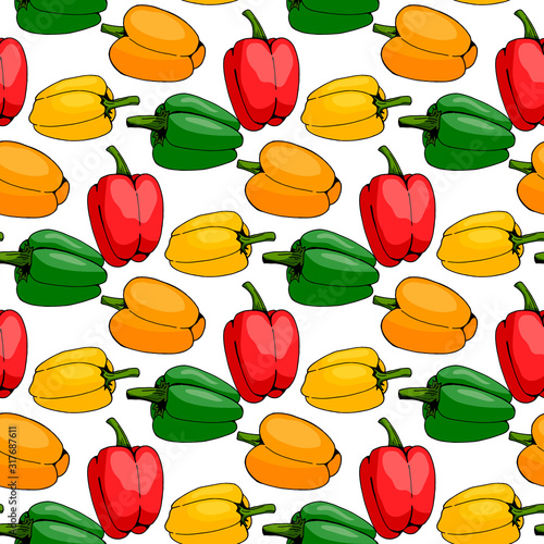 Seamless pattern with red, orange, yellow and green peppers on white background. Endless background of vegetables for your design. Vector image.
