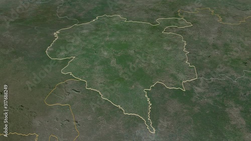 Denguélé, district with its capital, zoomed and extruded on the satellite map of Côte d'Ivoire in the conformal Stereographic projection. Animation 3D photo