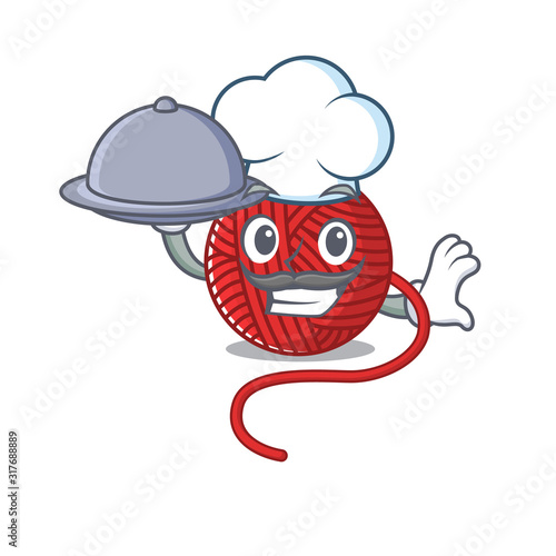 cartoon design of red wool yarn as a Chef having food on tray