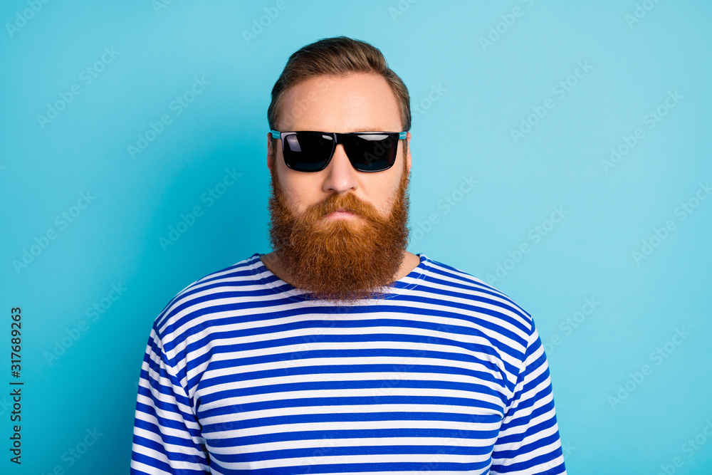 Obraz premium Close up photo of attractive charming man stare real life guard worker concept wear nautical outfit isolated over blue color background
