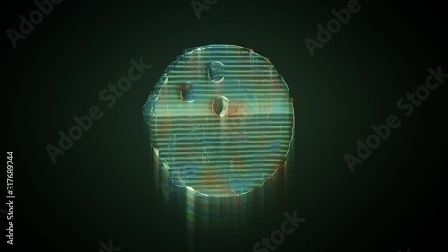 3d rendering glowing hologram of symbol of bowling ball distorted glitch green old tv screen on black background