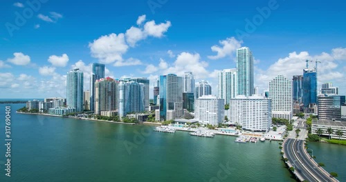 View from Brickell Key, a small island covered in apartment towers, towards the Miami skyline, Miami, Florida, USA - Time lapse photo