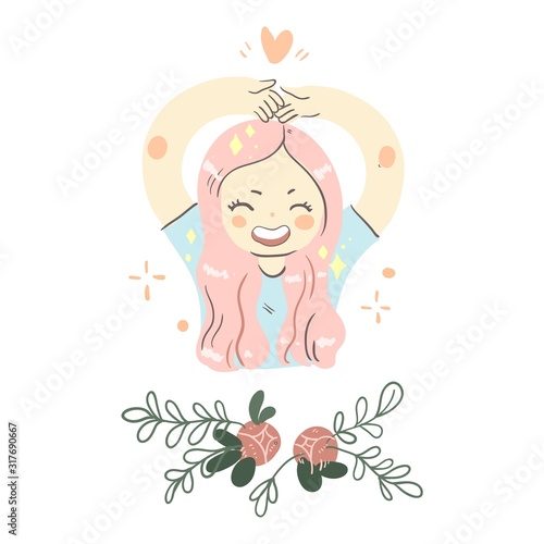 young girl sending love hand pose  valentines day card design template  trende art style  cartoon woman character  love gesture  self care  love yoursellf message
