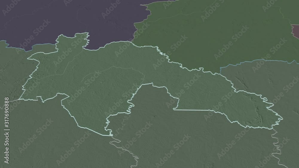 Savanes, district with its capital, zoomed and extruded on the administrative map of Côte d'Ivoire in the conformal Stereographic projection. Animation 3D Savanes, district with its capital, zoomed and extruded on the administrative map of Côte d'Ivoire in the conformal Stereographic projection. Animation 3D