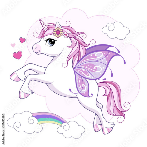 Cute little unicorn character with butterfly wings over pink cloud-shaped background with rainbow. Vector.