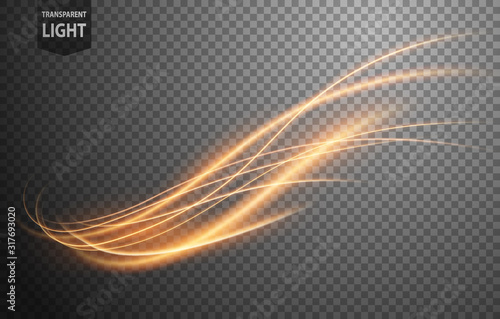 Abstract gold wavy line of light with a transparent background, isolated and easy to edit