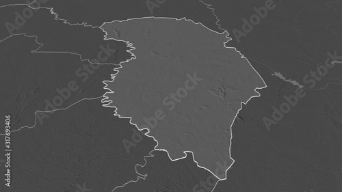 Zanzan, district with its capital, zoomed and extruded on the bilevel map of Côte d'Ivoire in the conformal Stereographic projection. Animation 3D photo