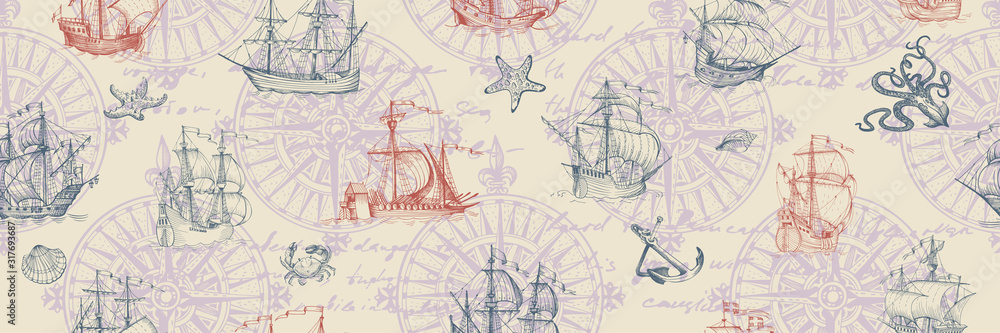 Old caravel, vintage sailboat. Hand drawn vector sketch. Vector seamless pattern