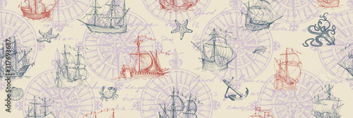Old caravel, vintage sailboat. Hand drawn vector sketch. Vector seamless pattern