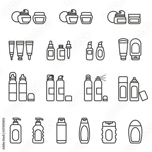 Cosmetics package icon set with white background. Thin Line Style stock vector.