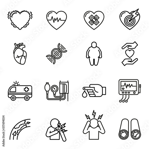 Heart disease, heart attack and symptoms icons set with white background. Line Style stock vector.