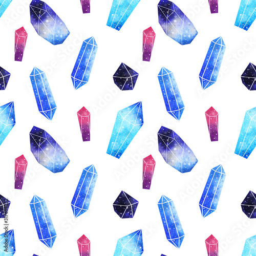 Watercolor gem seamless pattern. Magic crystals background. Hand drawn abstract illustration