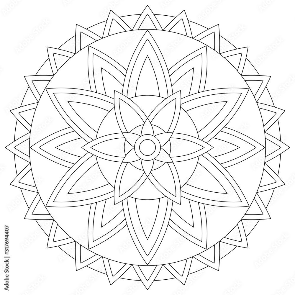 Round black and white mandala with floral motif. Antistress coloring page. Vector design.