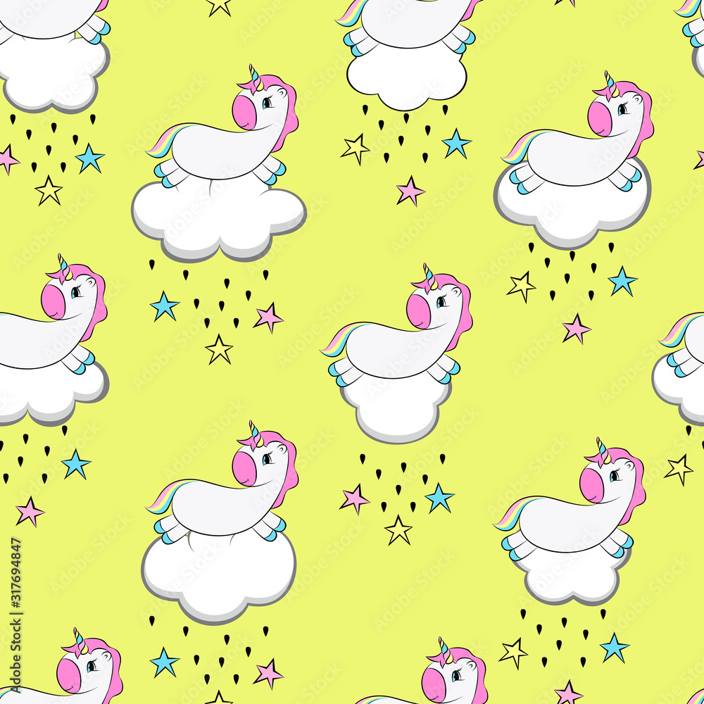 Seamless pattern with cute unicorns, stars, cloudy, doodle abstractions. Magic endless background with little unicorns.Print for fabric, wallpaper, wrapping paper, textile, bedding, t-shirt Seamless pattern with cute unicorns, stars, cloudy, doodle abstractions. Magic endless background with little unicorns.Print for fabric, wallpaper, wrapping paper, textile, bedding, t-shirt