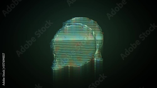 3d rendering glowing hologram of symbol of communication chat 14 distorted glitch green old tv screen on black background