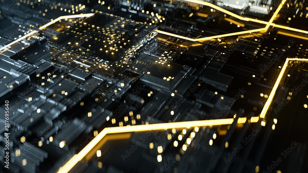 3d rendering of circuit board with yellow lines