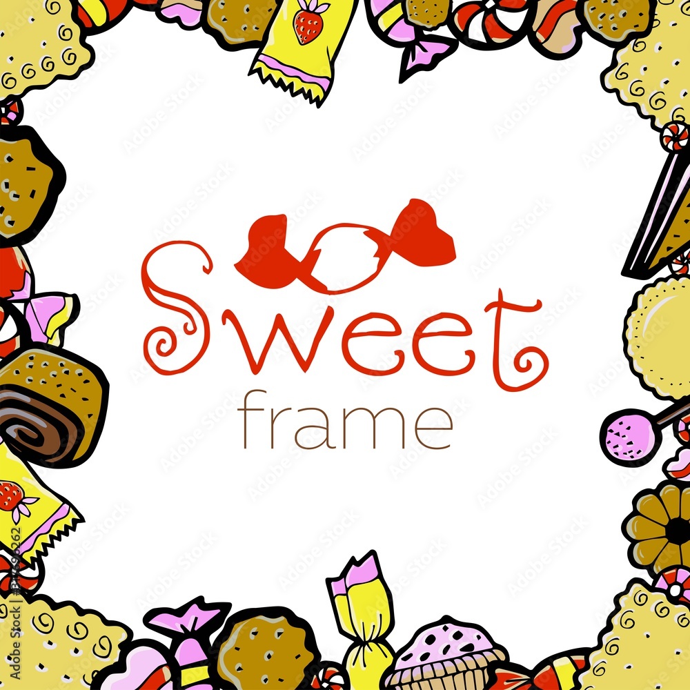 Sweet frame vector illustration of candy cookies hand drawing text
