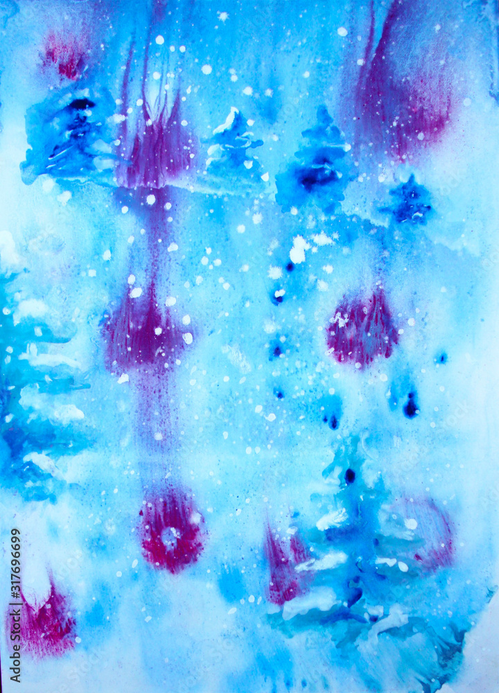  Winter landscape. Monotype. Acrylic. Blue background.