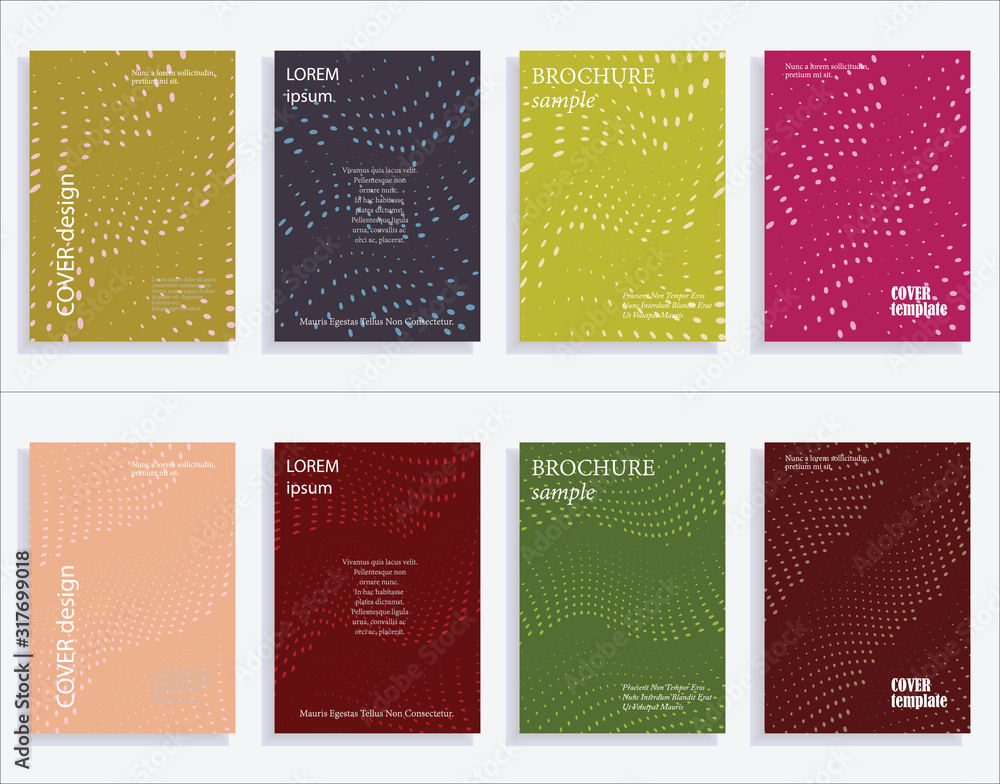 Minimalistic cover design templates. Set of layouts for covers of books, albums, notebooks, reports, magazines. Line halftone gradient effect, flat modern abstract design. Geometric mock-up texture