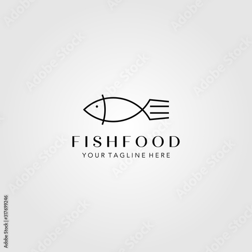 line art fish and fork logo minimalist symbol vector illustration design